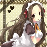  black_hair brown_eyes chiruku heart long_hair maid maid_headdress ookami-san ookami-san_to_shichinin_no_nakamatachi self_hug smile solo tsurugaya_otsuu two_side_up 