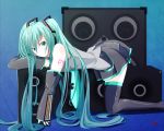  all_fours aqua_eyes aqua_hair detached_sleeves hatsune_miku headphones kichi8 long_hair lying necktie on_stomach skirt smile solo speaker thigh-highs thighhighs twintails very_long_hair vocaloid zettai_ryouiki 