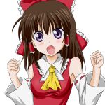  :o blush brown_hair bust clenched_hands detached_sleeves hakurei_reimu long_hair open_mouth purple_eyes simple_background solo takumi_(rozen_garten) touhou violet_eyes wide-eyed 
