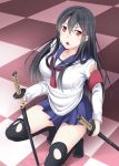  checkered checkered_floor kaeru_no_ashi katana long_hair original red_eyes school_uniform skirt solo sword thighhighs torn_clothes weapon 