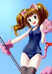  animal_ears brown_hair cat_ears cat_tail green_eyes highres idolmaster long_hair one-piece_swimsuit paws ponnetsu school_swimsuit solo swimsuit tail takatsuki_yayoi thigh-highs thighhighs twintails 