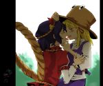  backlighting blonde_hair chin_grab closed_eyes eyes hat moriya_suwako multiple_girls mutual_yuri nightea purple_hair short_hair tongue touhou yasaka_kanako yellow_eyes yuri 