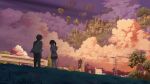  1girl cityscape cloud clouds couple evening floating_castle floating_island grass isai_shizuka power_lines scenery sky tree 