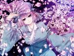  fan folding_fan kyoma_(yellowxcake) molfoseca petals purple saigyouji_yuyuko smile solo touhou wide_sleeves 