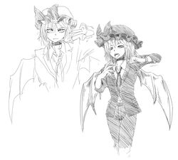  bat_wings didloaded fangs formal hat monochrome pant_suit remilia_scarlet short_hair sketch smirk solo suit tongue touhou watch wings wristwatch 