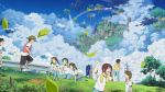  cloud clouds floating_castle floating_island grass isai_shizuka leaf power_lines rainbow scenery sky tree water waterfall 