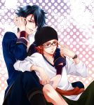  2boys black_hair blue_eyes fushimi_saruhiko glasses hat headphones k_(anime) multiple_boys okomochi red_eyes redhead shorts skateboard yata_misaki 