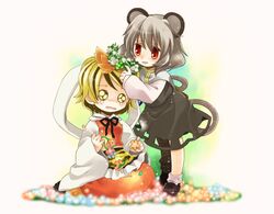  animal_ears biyon blonde_hair flower grey_hair hair_flower hair_ornament mouse_ears mouse_tail multiple_girls nazrin red_eyes short_hair tail tears toramaru_shou touhou yellow_eyes 