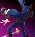  1boy black_hair blue_eyes fushimi_saruhiko glasses k_(anime) katana long_coat okomochi solo sword weapon 