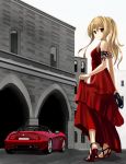  asakura_ryou_(artist) blonde_hair car dress driving_shoes high_heels motor_vehicle original red_dress sandals shoes solo vehicle 