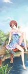  bad_id bare_legs barefoot breasts brown_eyes brown_hair cleavage dress ei_(pakirapakira) feet flower food frills fruit gathers highres jin_young-in legs looking_at_viewer no_bra original reeds sitting smile solo sundress water 