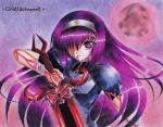  armor blood cross headband long_hair moon purple_eyes purple_hair serious sword traditional_media weapon 