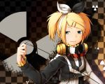  blonde_hair fang green_eyes hair_ornament hairband hairclip headphones highres jacket kagamine_rin kagamine_rin_(roshin_yuukai/hard_rkmix) project_diva project_diva_2nd radiation_symbol roshin_yuukai_(vocaloid) shima_(sh1mamu) short_hair vocaloid 