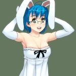  :d armpits arms_up bare_shoulders blue_hair bow breasts bunny_ears cleavage dress elbow_gloves glasses gloves green_eyes masao open_mouth rabbit_ears short_hair simple_background smile solo strapless_dress teeth 