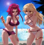  2girls beach bikini blonde_hair bracelet breasts cleavage crow_hogan green_eyes halter_top halterneck hensou izayoi_aki jack_atlas jewelry lens_flare long_hair multiple_boys multiple_girls red_eyes red_hair redhead sherry_leblanc speedo sun swimsuit water yuu-gi-ou yuu-gi-ou_5d&#039;s yuu-gi-ou_5d's 