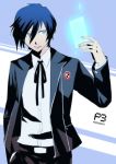  arisato_minato bad_id blue_eyes blue_hair card card_with_aura fujino_miyabi holding holding_card male persona persona_3 ribbon school_uniform solo 