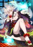  animal_ears breasts cleavage fan fantasy feet flower japanese_clothes legs miogrobin multiple_tails nail_polish platform_footwear reaching sandals sitting tail white_hair yellow_eyes 