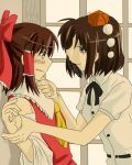  2girls blush brown_hair chin_grab detached_sleeves eye_contact feathers hakurei_reimu hat japanese_clothes long_hair multiple_girls sento_(artist) shameimaru_aya tokin_hat touhou yuri 