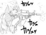  assault_rifle bullpup casing_ejection didloaded elbow_pads firing gloves gun hat hong_meiling long_hair monochrome muzzle_flash operator qbz-95 rifle shell_casing solo suppressor touhou vest weapon 