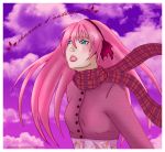   aqua clouds eyes hair lips megurine_luka pink scarf sky vocaloid  