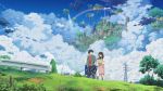  1girl child cityscape cloud clouds couple floating_castle floating_island grass isai_shizuka power_lines rainbow scenery sky tree water waterfall 