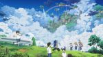  cloud clouds floating_castle floating_island grass isai_shizuka power_lines rainbow scenery sky tree water waterfall 