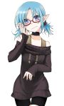  blue_eyes blue_hair blush choker face glasses halterneck hands kaida original pointy_ears short_twintails solo twintails 