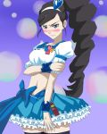  angry artist_request black_hair blush cellphone cosplay crop_top cure_berry cure_berry_(cosplay) drill_hair fresh_precure! highres kumashiro_maya magical_girl midriff phone precure seikimatsu_occult_gakuin solo thighhighs wrist_cuffs 