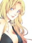  1girl blonde_hair blue_eyes breasts cleavage closed_mouth female jewelry large_breasts long_hair matsumoto_rangiku mole mole_under_mouth simple_background smile stechen white_background 