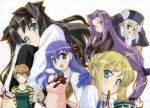  black_hair blonde_hair blue_eyes brown_hair fate/stay_night fate_(series) food fujimura_taiga glasses green_eyes hair_ribbon highres illyasviel_von_einzbern long_hair matou_sakura multiple_girls purple_eyes purple_hair ribbon rider saber short_hair silver_hair smile toosaka_rin tsurugi_yasuyuki twintails violet_eyes 