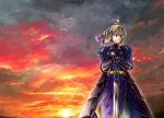  armor armored_dress blonde_hair cloud clouds dress excalibur fate/stay_night fate_(series) fuyunohajime green_eyes hair_ribbon ribbon saber sky solo sunset sword weapon 
