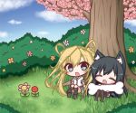  2girls :d ^_^ abukuma_(kantai_collection) animal_ears asashio_(kantai_collection) bangs black_dress black_footwear black_hair black_legwear blonde_hair blue_eyes blue_sky blush boots bush cherry_blossoms closed_eyes clouds cloudy_sky commentary_request day dog_ears dress eyebrows_visible_through_hair flower green_sailor_collar green_skirt hair_between_eyes hair_rings kantai_collection kemonomimi_mode knee_boots komakoma_(magicaltale) long_hair multiple_girls no_shoes on_grass open_mouth orange_flower outdoors pantyhose pink_flower pleated_skirt red_flower remodel_(kantai_collection) sailor_collar school_uniform serafuku shirt short_sleeves sitting skirt sky smile tree tulip twintails very_long_hair white_flower white_shirt 