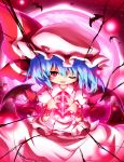  ayakashi_(monkeypanch) ayakashi_(monkeypunch) bat bat_wings blue_hair energy_ball full_moon hat highres moon open_mouth red_eyes remilia_scarlet sky solo touhou wings wink 