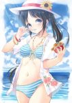  black_hair blue_eyes bracelet cloud flower food front-tie_top hat highres hyuuga_azuri ice_cream jewelry long_hair necklace open_clothes open_shirt original ponytail shirt sky solo striped striped_bikini striped_swimsuit swimsuit 