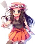  1girl black_legwear blush brown_hair fang hat long_hair moe_on_drop pointing pokemon pokemon_(game) pokemon_xy serena_(pokemon) short_sleeves skirt smile solo violet_eyes 