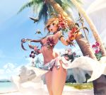  armband beach bikini bird blonde_hair blue_eyes bracelet flower hair_flower hair_ornament hibiscus hips jewelry kkuem long_hair navel open_mouth original outstretched_arms palm_tree sarong slender_waist solo spread_arms swimsuit tree wind_lift wristband 