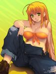 bare_shoulders boots breasts cleavage front-tie_top green_eyes jeans large_breasts long_hair navel orange_hair original personification shoes soccer solo tattoo torn_clothes torn_jeans valencia_cf very_long_hair yoko_juusuke 