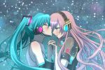  aqua_eyes aqua_hair blush closed_eyes detached_sleeves hatsune_miku headset holding_hands incipient_kiss megurine_luka multiple_girls mutual_yuri pink_hair twintails vocaloid yunca yuri 