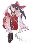  bad_id black_hair bow detached_sleeves gohei hair_bow hakurei_reimu midriff mofu no_bra ponytail red_eyes skirt solo touhou 