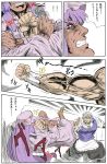  bow comic genderswap hara_tetsuo_(style) hat highres hokuto_no_ken izayoi_sakuya juza kenshirou_(mono_ken) long_hair manly parody patchouli_knowledge purple_hair raoh short_hair silver_hair style_parody touhou translated very_long_hair 