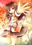  brown_hair happy hat ichitaro notebook open_mouth outstretched_hand pencil red_eyes shameimaru_aya short_hair skirt solo tokin_hat touhou wings 