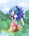  cage cat_tail chen chen_(cat) cirno fairy flying futami_yayoi hair_ribbon hat lake majo_no_takkyuubin mountain multiple_tails parody pink_ribbon ribbon shoes socks tail tears touhou tree wings 