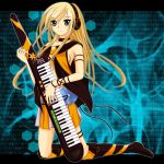  artist_request asymmetrical_clothing blonde_hair blue_eyes boots breasts cd collar collarbone headphones highres instrument kazzha keytar knee_boots kneeling lily_(vocaloid) nail_polish sideboob skirt solo thigh_boots thighhighs vocaloid 