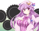  bow breasts bust capelet crescent crescent_moon gears hair_bow halftone halftone_background hat impossible_clothes impossible_clothing impossible_shirt kanatsu large_breasts long_hair patchouli_knowledge purple_eyes purple_hair shirt solo touhou violet_eyes 