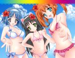  bikini black_hair blue_eyes blue_hair brown_hair cat_ears flat_chest frilled_bikini frills front-tie_top green_eyes hazuki_kurumi hyuuga_aoi_(artist) kaitou_tenshi_twin_angel kannazuki_aoi long_hair minazuki_haruka_(twin_angel) navel polka_dot polka_dot_bikini polka_dot_swimsuit purple_eyes short_hair side-tie_bikini string_bikini swimsuit twintails violet_eyes 