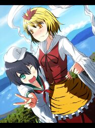   2girls ;d black_hair blonde_hair blush bow clouds dress eyelashes frown grin hair_ornament hat iru multiple_girls murasa_minamitsu ocean open_mouth orange_eyes sailor sailor_collar sailor_hat sailor_outfit sailor_suit short_hair shorts sky smile toramaru_shou touhou tree v water wink  