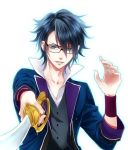  1boy black_hair blue_eyes fushimi_saruhiko glasses k_(anime) katana okomochi solo sword weapon 