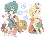  bf&#039;s_ok_farm bf._(sogogiching) bianca blonde_hair blush cape dragon_quest dragon_quest_iv dragon_quest_v green_eyes green_hair heroine_(dq4) multiple_girls purple_eyes shield slime_(dragon_quest) sword violet_eyes weapon 