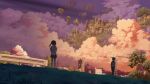  1girl cityscape cloud clouds couple evening floating_castle floating_island grass isai_shizuka power_lines scenery sky tree 