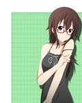  1girl alternate_hairstyle bare_shoulders brown_eyes brown_hair dress glasses igashiko k-on! long_hair looking_at_viewer manabe_nodoka red-framed_glasses semi-rimless_glasses strap_slip under-rim_glasses 